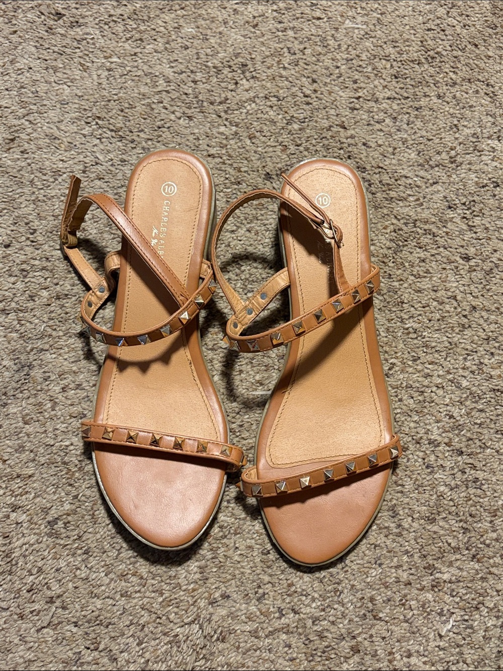 Charles Albert Tan Pyramid-Stud Leather Ankle-Strap Sandals